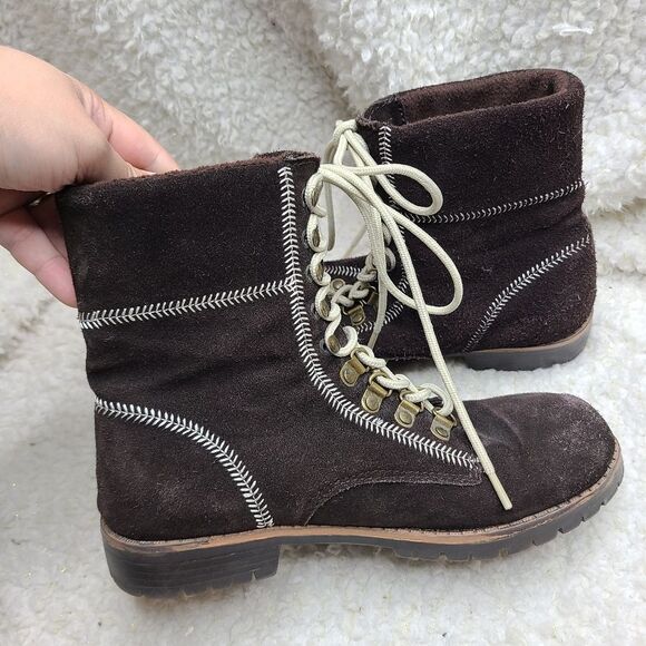 Canda Brown Suede Leather Embroidered Lace-up Fleece Lined Boots sz 38 - Picture 6 of 10